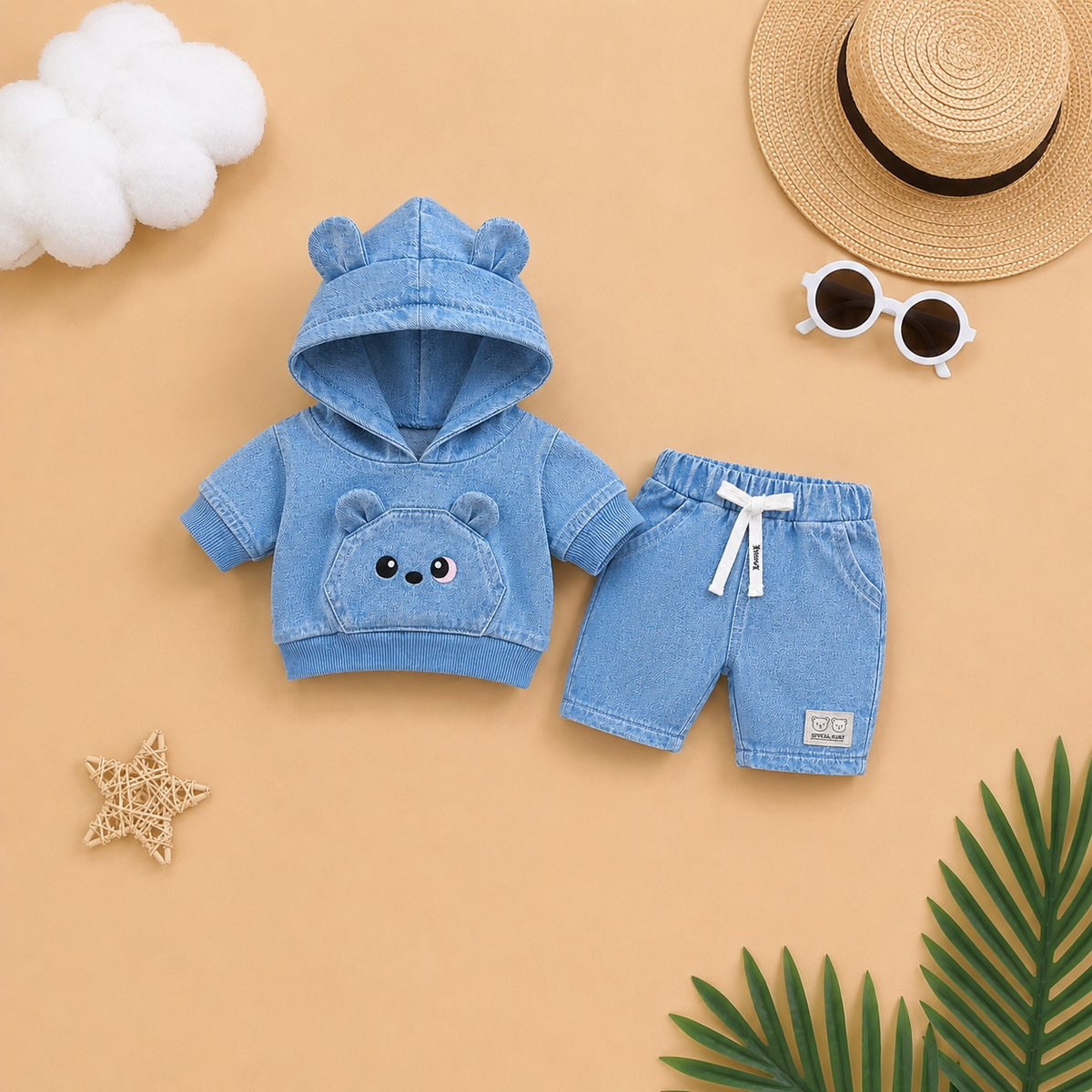 Adorable Bear-Ear Hoodie & Shorts Co-ord Set for Babies – Soft Cotton, Cute Pouch Pocket Design (Cream/Brown)