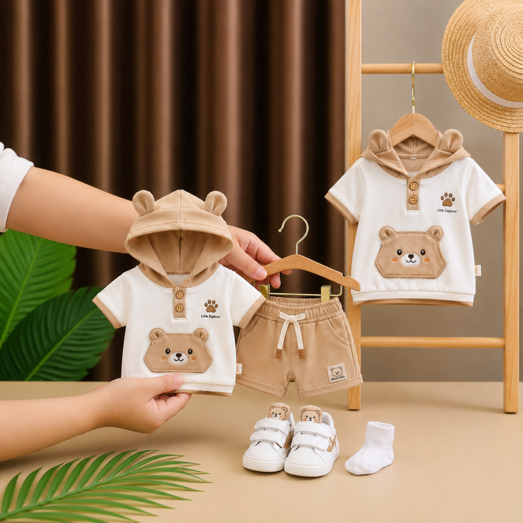 🐻 Baby Bear Hoodie Co-ord Set – Cute 3D Ear Hoodie T-Shirt & Shorts | Little Explorer Print | Available in Sage Green & Beige Brown