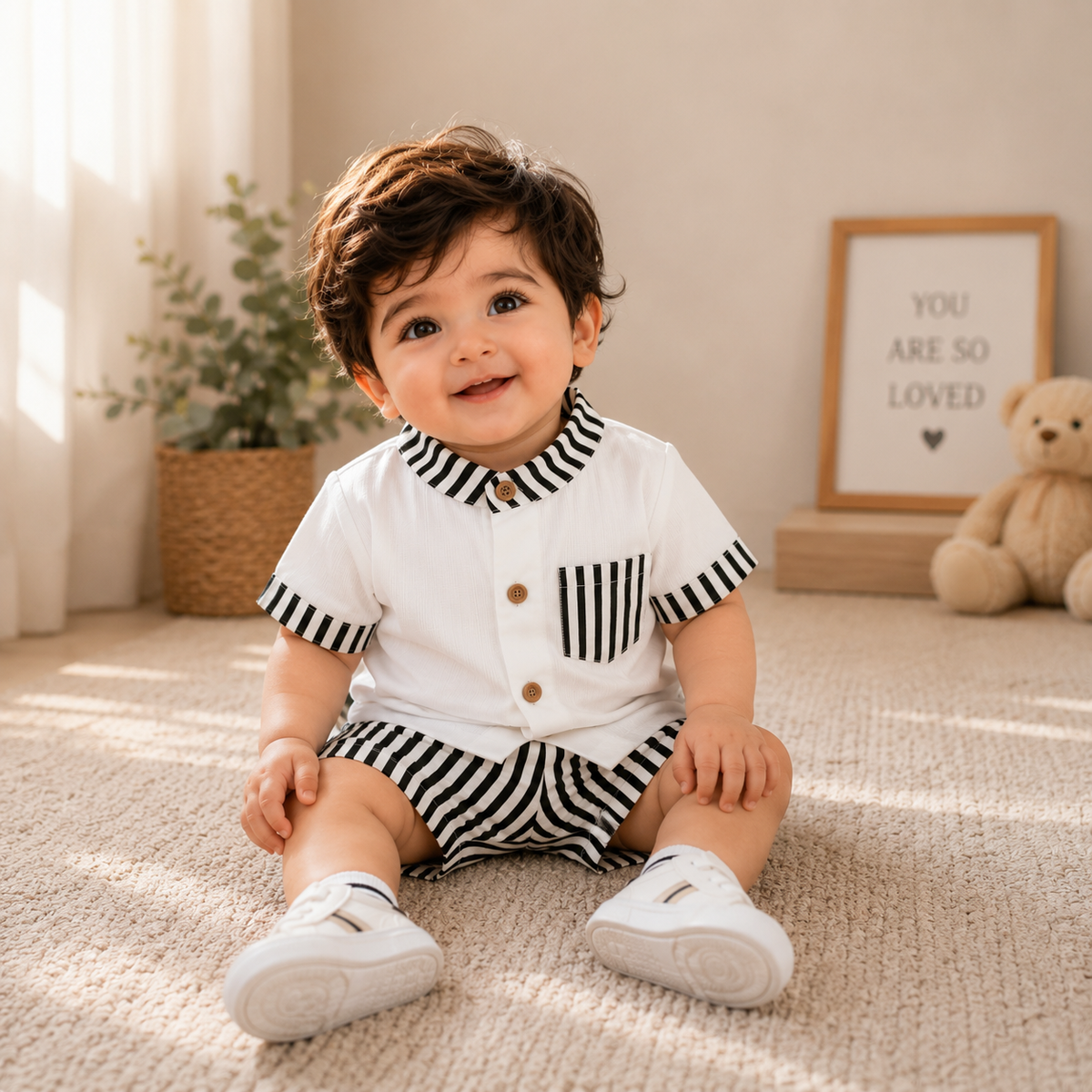 Stylish Kids Summer Co-ord Set | Black & White Striped Half Sleeve Shirt & Shorts Outfit