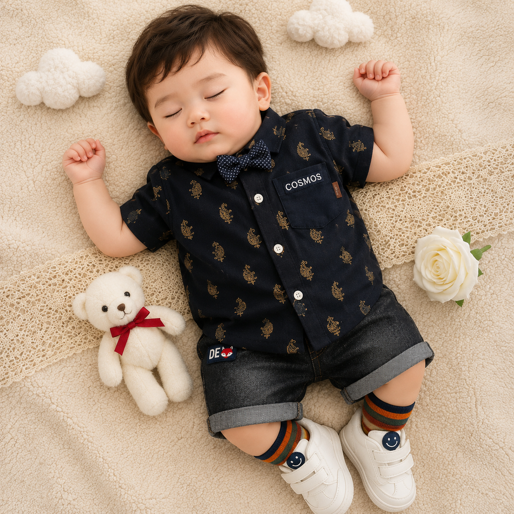 Baby Boys Formal Summer Outfit Set with Bow Tie & Shorts – Available in White, Black & Sky Blue