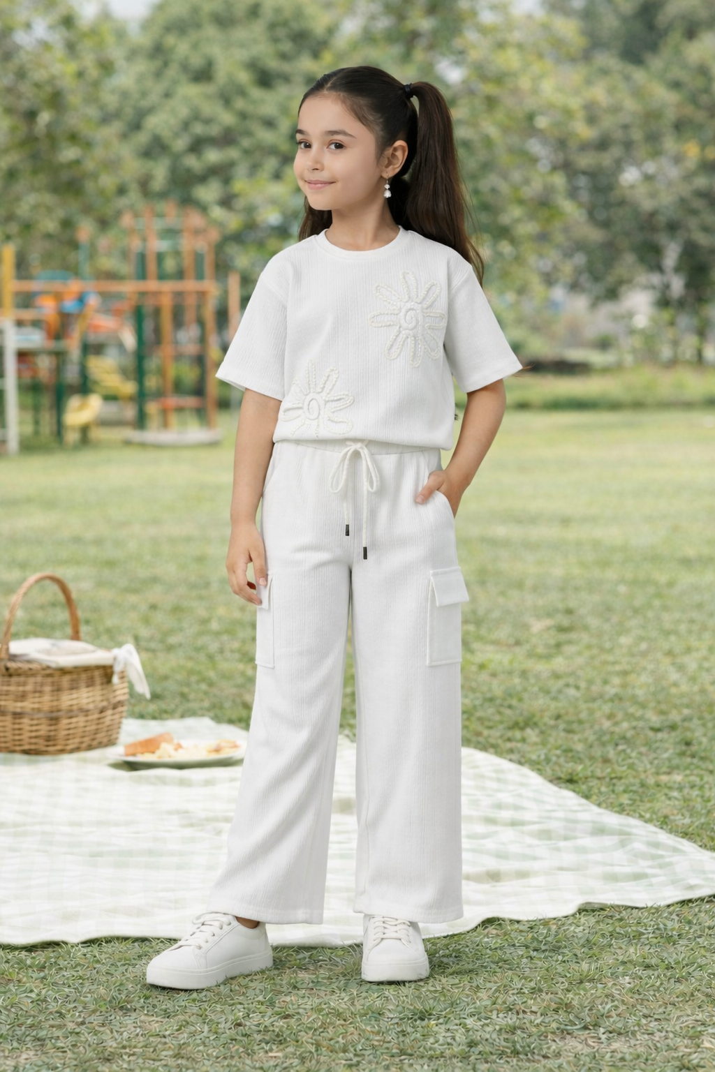 Girls White Co-Ord Set (Top & Cargo Pants)