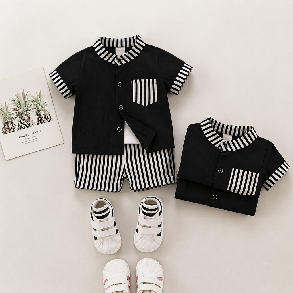 Stylish Kids Summer Co-ord Set | Black & White Striped Half Sleeve Shirt & Shorts Outfit