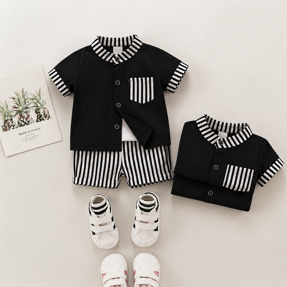 Stylish Kids Summer Co-ord Set | Black & White Striped Half Sleeve Shirt & Shorts Outfit