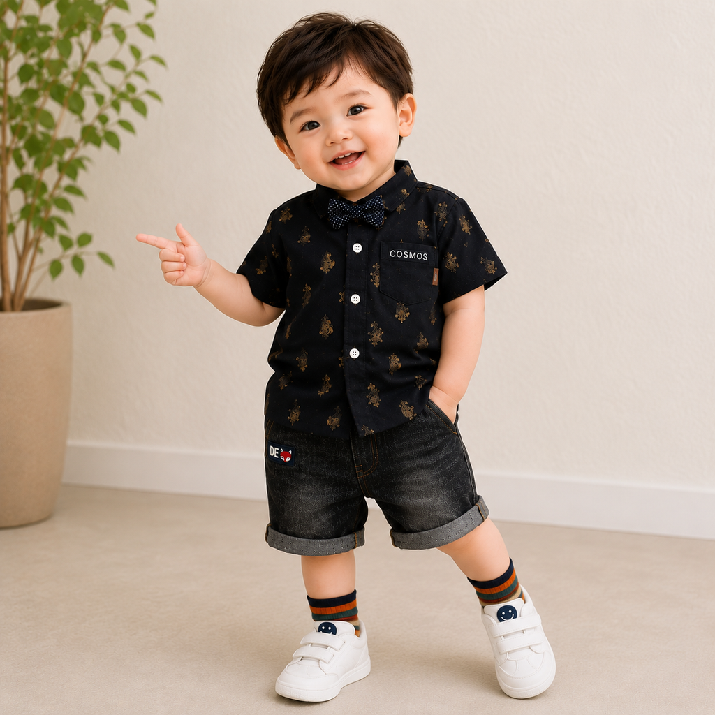 Baby Boys Formal Summer Outfit Set with Bow Tie & Shorts – Available in White, Black & Sky Blue