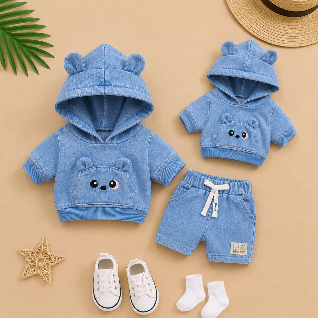 Adorable Bear-Ear Hoodie & Shorts Co-ord Set for Babies – Soft Cotton, Cute Pouch Pocket Design (Cream/Brown)