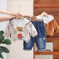 🧸 Cute Bear Print 3-Piece Kids Outfit Set – Hoodie, T-Shirt & Jeans Combo