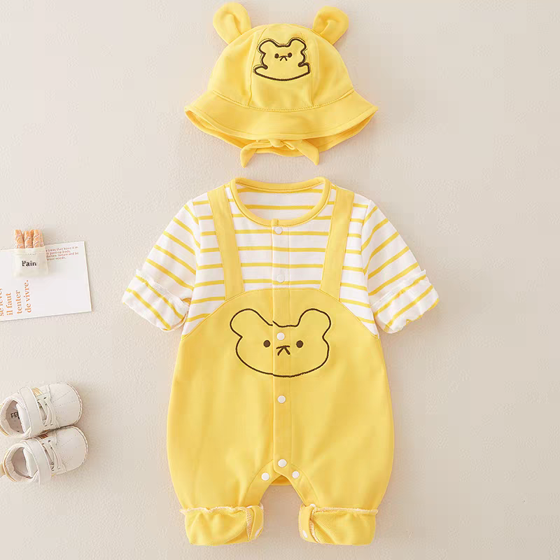 Baby Yellow Bear Print Romper with Bucket Hat – Lightweight Summer Cotton Jumpsuit for Boys & Girls