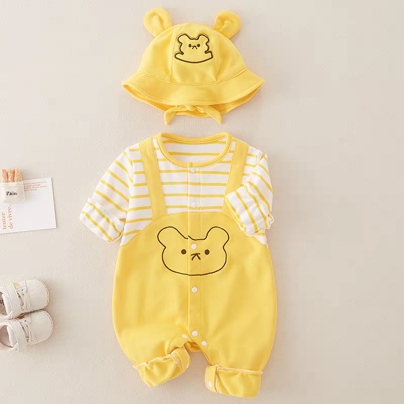 Baby Yellow Bear Print Romper with Bucket Hat – Lightweight Summer Cotton Jumpsuit for Boys & Girls