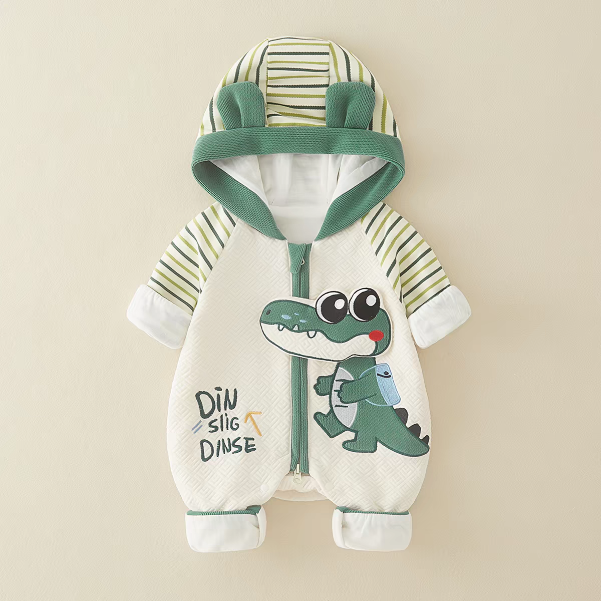 Baby Dino Crocodile Print Hooded Romper – Lightweight Summer Cotton Jumpsuit for Boys & Girls | Available in Green & Grey