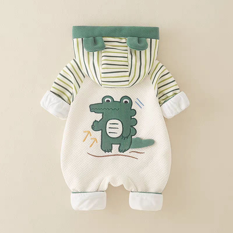 Baby Dino Crocodile Print Hooded Romper – Lightweight Summer Cotton Jumpsuit for Boys & Girls | Available in Green & Grey