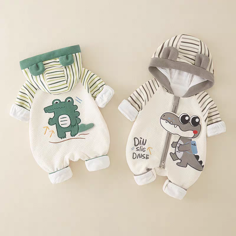 Baby Dino Crocodile Print Hooded Romper – Lightweight Summer Cotton Jumpsuit for Boys & Girls | Available in Green & Grey