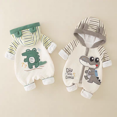 Baby Dino Crocodile Print Hooded Romper – Lightweight Summer Cotton Jumpsuit for Boys & Girls | Available in Green & Grey