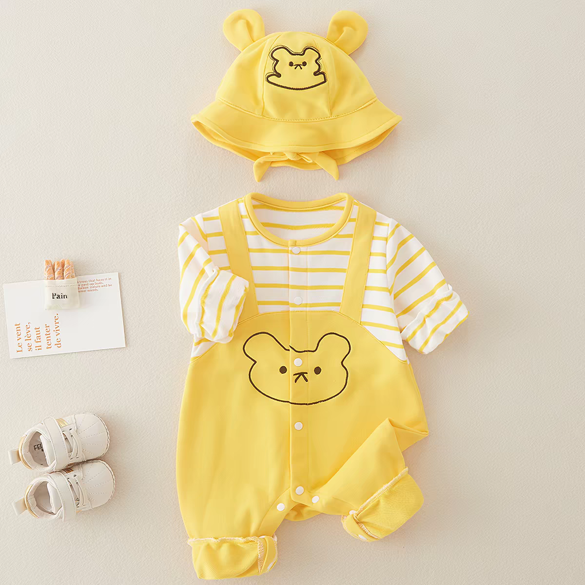 Baby Yellow Bear Print Romper with Bucket Hat – Lightweight Summer Cotton Jumpsuit for Boys & Girls