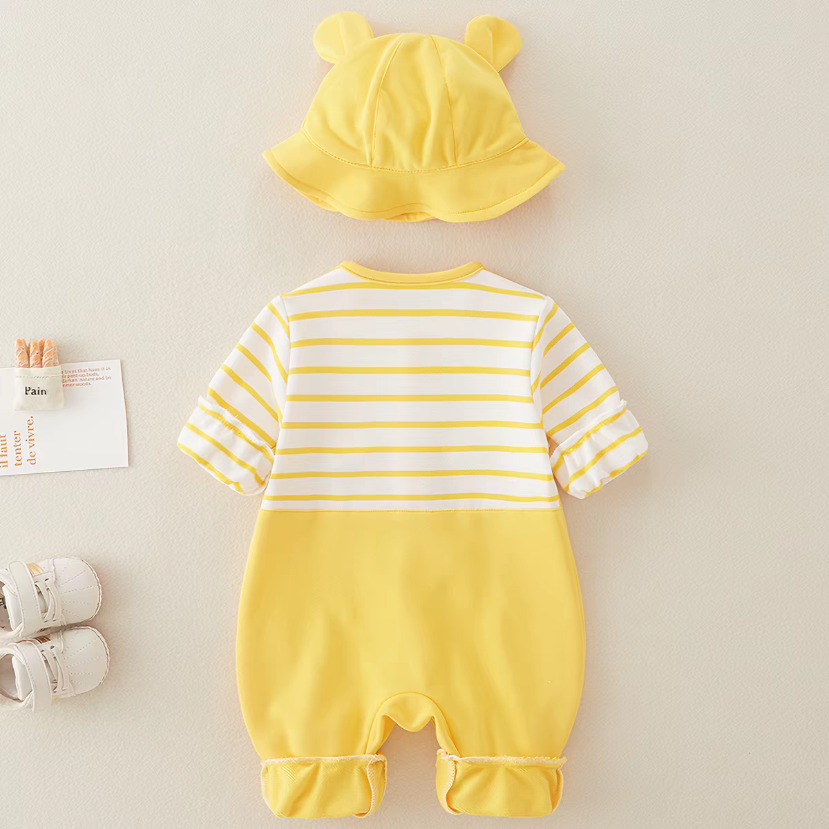 Baby Yellow Bear Print Romper with Bucket Hat – Lightweight Summer Cotton Jumpsuit for Boys & Girls